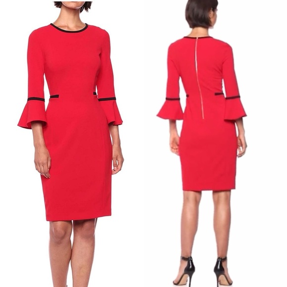 Calvin Klein red bell sleeve crepe sheath dress size 10 cocktail party career - Picture 1 of 8